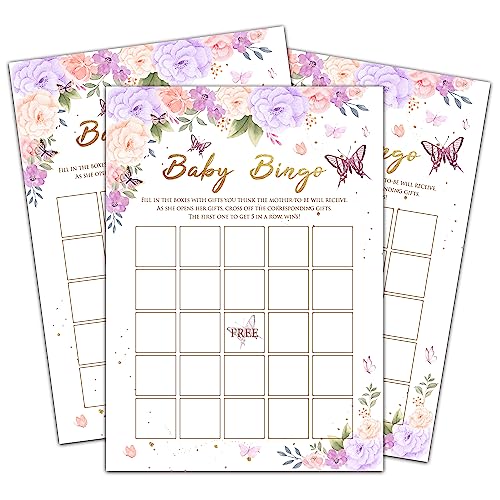 HEZNZXQ Baby Shower Games for Girls, Purple Butterfly Bingo Game for Baby Shower, Purple Floral Gender Reveal Parties Decorations, 5' x 7' Double-Sided Cards(30 Games)-A03