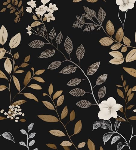 Laatse Floral Leaf Vintage Wallpaper Peel and Stick 17.5"x118", Black Gold