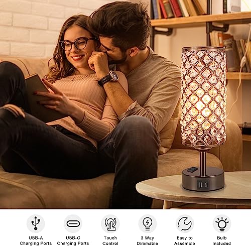 Image of Hong-in Crystal Table Lamp Touch Control Set of 2, 3-Way Black Crystal Lamps with USB C+A Ports & AC Outlet, Dimmable Nightstand Desk Lamps,Modern Bedside Table Lamp for Bedroom(Bulbs Included)