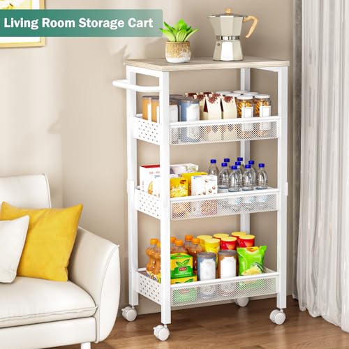 Image of Vivihomety Utility Slim Storage Cart with Wheels, 4 Tier Small Rolling Cart with Wood Top, Metal Kitchen Bathroom Laundry Room Organization Trolley with Handle for Narrow Space - White
