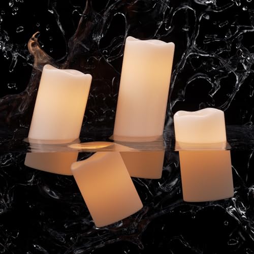 Image of Eldnacele Waterproof Flameless Flickering Candles with Remote and Timer, Battery Operated LED Pillar Candles Indoor Outdoor White Plastic Candle Pack of 4 Wedding Dinner Home Decor, D3 x H4 5 inch 6 inch 8 inch