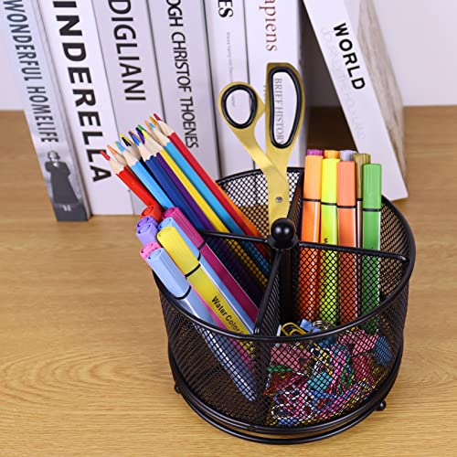 Flytreal Mesh Rotating Desk Organizer, Black Pen Pencil Holder Metal Desktop Stationery Storage Caddy, 4 Compartments Large Capacity Organizer For Home Office School Art Supplies #TOP3
