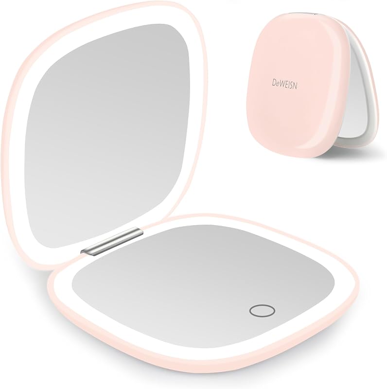 Espelho compacto de maquiagem deweisn com iluminação LED, dupla face 1X/10X, recarregável via USB, rosa