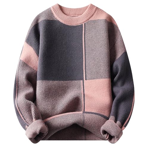 Men's Fashion Knitted Sweaters Winter Warm Casual Color Block Long Sleeve Round Neck Pullover Tops Loose Fit Knitwear