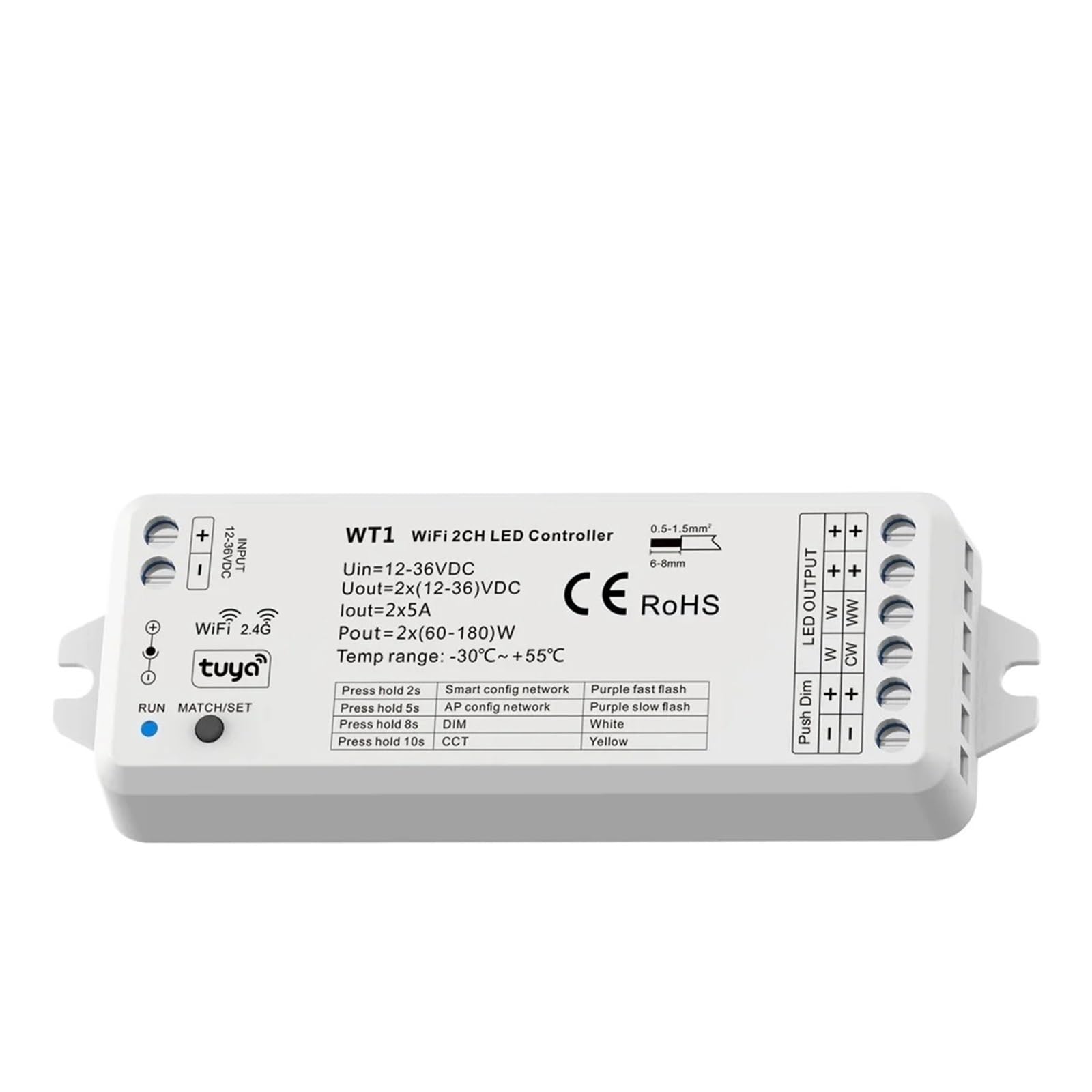 Variateur LED 12V 24V WT1 et contrôleur CCT 2CH avec télécommande sans fil 2.4G