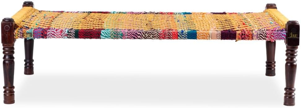 Rajasthani Wooden Khatiya Khaat | Traditional Handcrafted Wooden Charpai Bed | 6x3 Feet | Solid Wood Frame with Durable Cotton Ropes for Home, Garden, or Outdoor Use (Yellow and Multicolor)