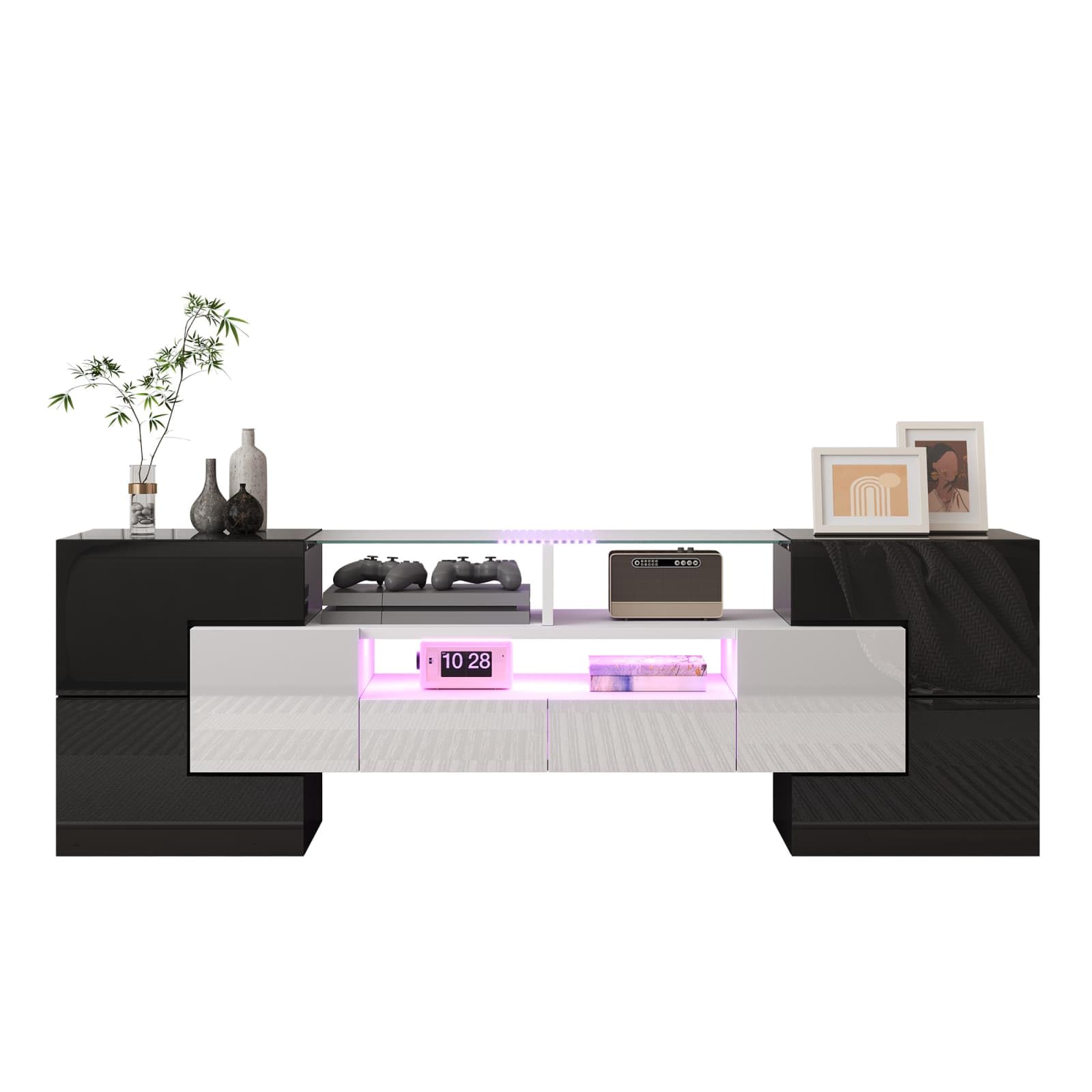 KOMHTOM Meuble TV Moderne avec 6 Portes et 2 Tiroirs, Meuble de Salon avec éclairage LED, pour Salon, Salle à Manger et Chambre à Coucher