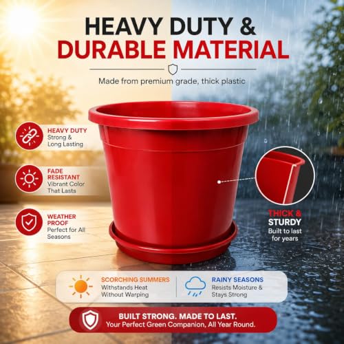 Image of 12 Inch Glossy Red Plastic Planter with Bottom Plate | Heavy Duty Flower Pot with Tray for Indoor Home Decor, Balcony, Living Room & Outdoor Garden (6 Pot, Red)
