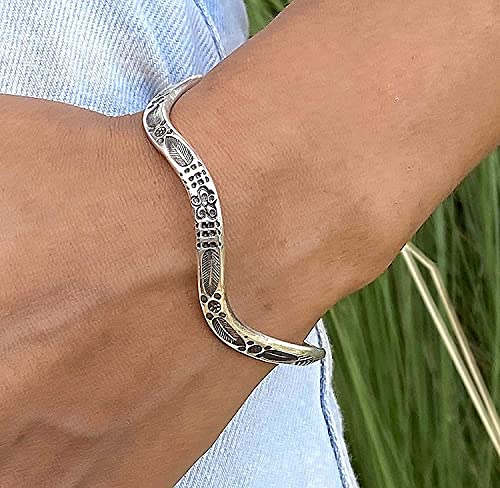 Sterling Silver Wavy Boho Hippie Cuff Bracelet, Handmade Adjustable Solid Engraved Ethnic Silver Bangle For Women Or Men #TOP2