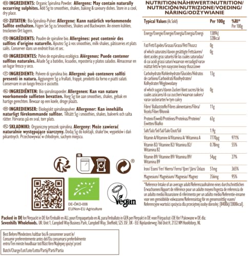 Sevenhills Wholefoods Spirulina Pulver Bio 500g - natürliche Entgiftung, Detox, verarbeitet unter strenger Qualitätskontrolle