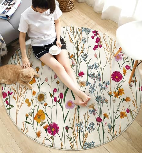Tapis rond lavable en machine 160 cm imprimé petites fleurs antidérapant salon