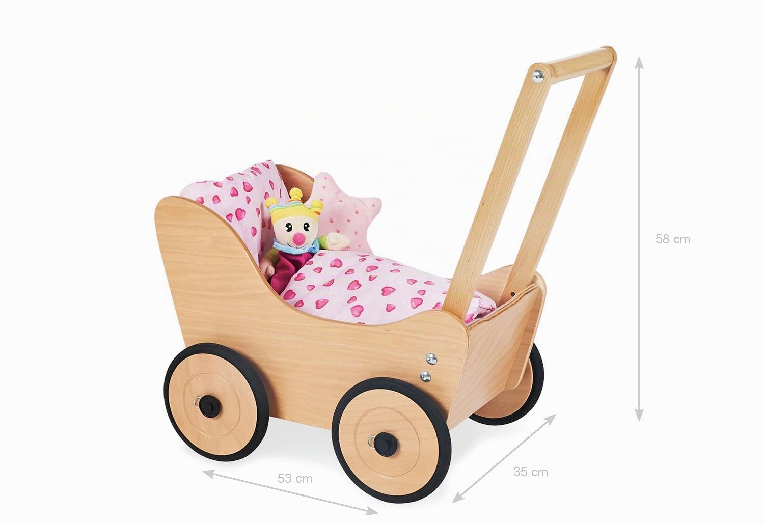 Pinolino - Passeggino per bambola Sarah, in legno, con sistema di frenatura, girello con ruote in legno gommato, per bambini da 1 a 6 anni, naturale
