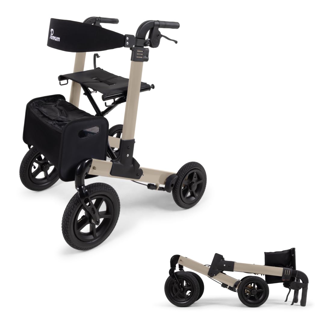 Luxo Air Rollator - Leicht & 2-fach faltbar – Mit Luftreifen, integriertem Bremssystem, gepolsterter Sitz- und Rückenlehne, Tasche, Stockhalter - 7,1 kg - Gehhilfe für Senioren - Champagner