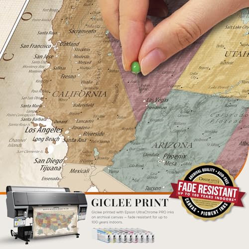 Image of DECORARTS - Personalized Push Pin Travel Map USA, Custom Name, Pin Board Canvas Wall Art, Soft Vintage Pastel United States Decor, Optional Wood Frame, Giclee Print, Handcrafted in USA, 20x16''