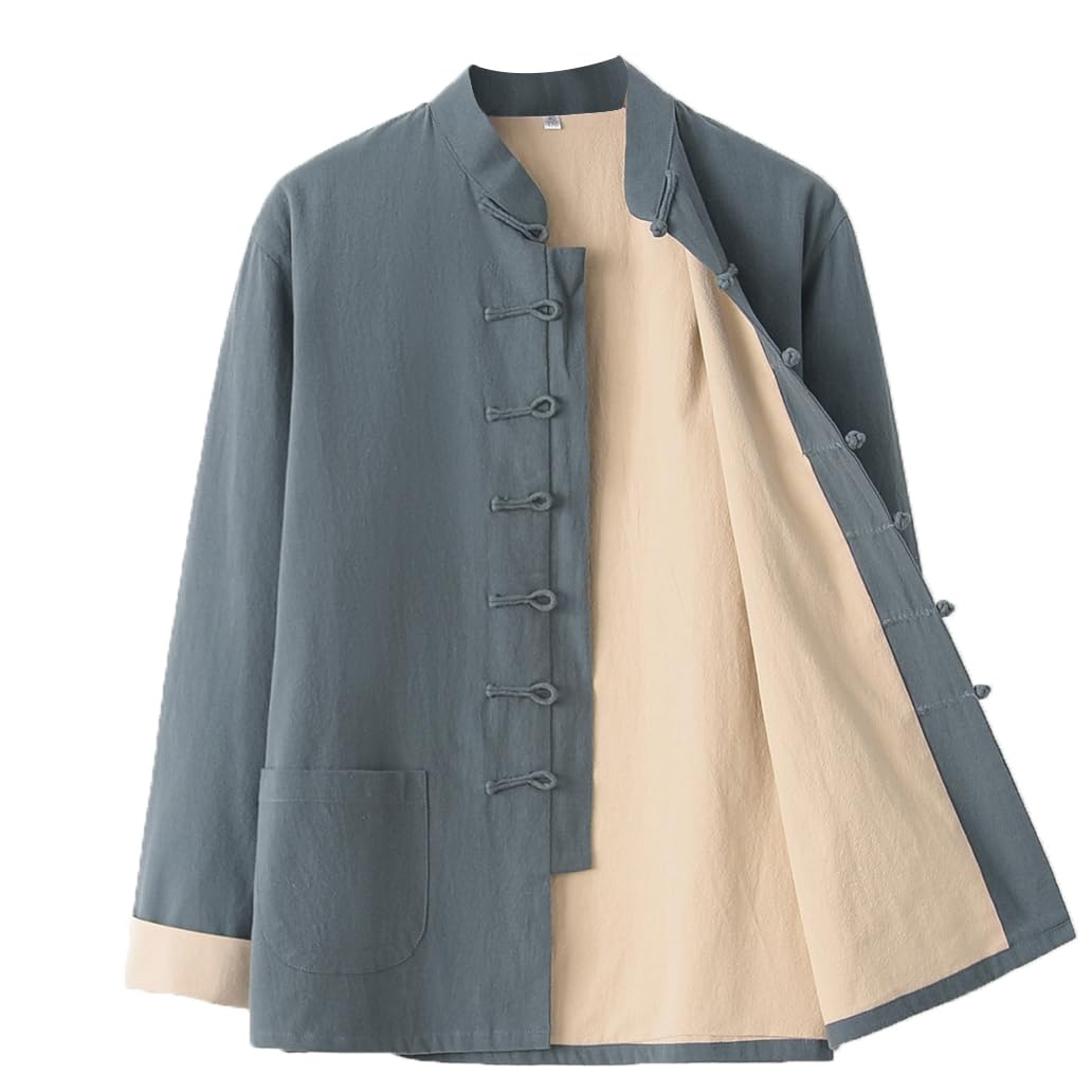 Herren Baumwolle Leinen Kampfsport Kung Fu Jacke Tang Anzug Hanfu, Kung Fu Kleidung Langarm Zen Meditation Uniform Tai Chi Kleidung
