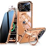 Bluoocase【自動スライドロック！3in1スタンド・覗き見防止】iPhone 17 Pro Max 用 ケース 全面保護 Magsafe対応・CDリング 縦横両立 アイフォン17プロマックス カバー 9H強化ガラス 両面 一体型レンズ保護 高感度タッチ ストラップホール付き 透明 PC背面 アルミバンパー いphone17promax 用 携帯ケース 6.9インチ（オレンジ）