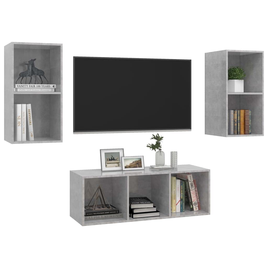 3-TLG. TV-Schrank-Set, Betongrau Holzwerkstoff, Hängend, Modernes Media-Center für Wohnzimmer, Schlafzimmer, Viel Stauraum