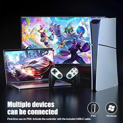 Gamrombo LED Wireless Controller for PS5, Compatible with PS5 Pro/Slim/PC, Dual Vibration, Macro/Turbo Function, 3.5mm Audio Jack, 6-Axis Motion Control Gamepad with Speaker(Black)