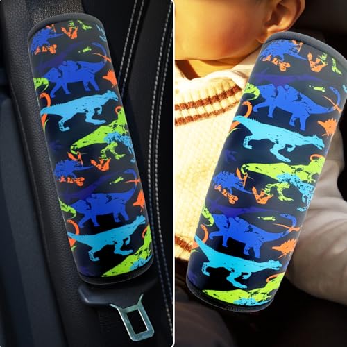 Image of Seat Belt Cover for Kids, Seat Belt Pad for Boys Girls, Car Seat Straps Shoulder Pads for Kids, Kid's Seat Belt Cushion, Shoulder Strap Pad, 1 Piece (Black Dinosaur)