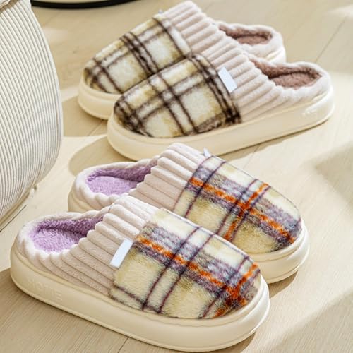 ZSpzx Women's Fuzzy House Slippers Checkered Faux Fur Lining Casual Soft Sole Outdoor Indoor Slippers Fall Winter Warm Fluffy Plush Thermal Anti Slip Comfortable Bedroom Shoes3