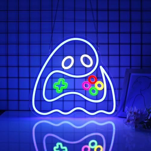 Image of Ghost Neon Sign, JGHTURIE Gamer Neon Signs for Wall Decor Gaming Light Up Blue Led Sign USB Powered Game Room, Man Cave Decor