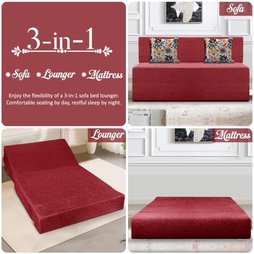 Image of Los Angeles Foldable Two Seater Sofa Cum Bed, Sofa Bed 4 X 6 Feet Jute Fabric Washable Cover- Including Cushion Perfect for Living Room - Red