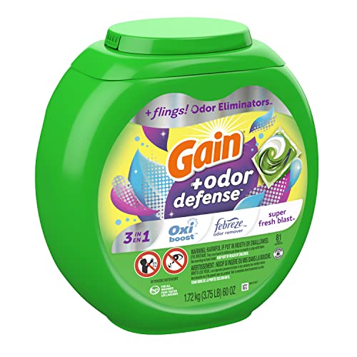 Image of Gain Flings Laundry Detergent Pacs with Odor Defense, HE Compatible, 3in1 with Febreze and Oxi, Super Fresh Blast Scent, 81 Count