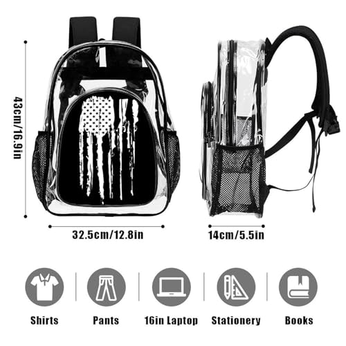 Clear Backpack Black And White Gun Design American Flag Heavy Duty Clear Bag PVC Transparent Clear Book Bag with Adjustable Shoulder Straps for Security Work Concert Festival Travel3
