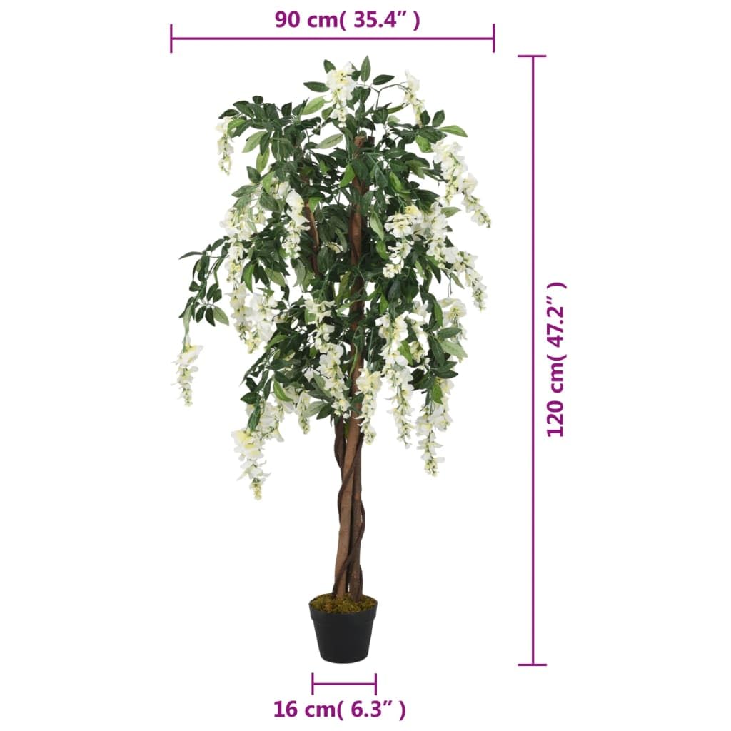 Sztuczne drzewko glicyniowe 120 cm z 840 liśćmi i 780 kwiatami, zielono-białe, pień drewniany, sztuczna roślina do salonu, biura, na taras, bez pielęgnacji, dekoracja w doniczce