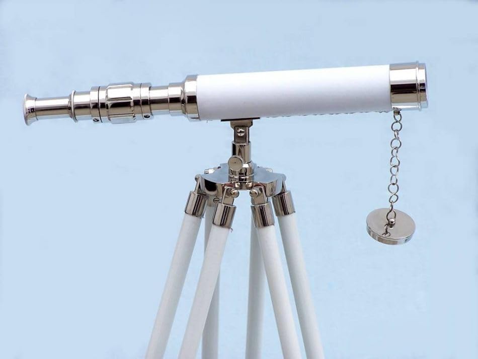 Nickel Brass Single Barrel Telescope – White Leather Wrapped Griffith Astro Style with Wooden Tripod Stand | Vintage-Inspired Telescope for Kids, Nautical Decor & Gift for Child’s Room