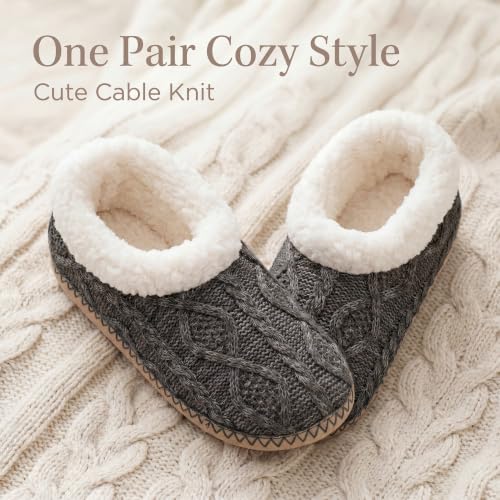 Image of cosyone1997 Cable Knit Slipper Socks for Women Non Slip Soft Sole | Fuzzy sherpa lining, gripper dots, flexible bootie coverage and machine washable care for warm, comfortable indoor wear