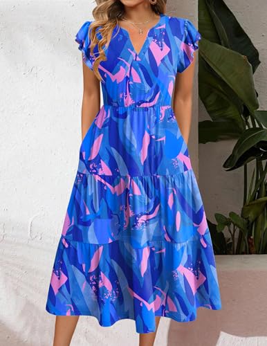 Image of ZEAGOO Womens Summer Casual Dresses Ruffle Sleeve V Neck Midi Dress Flowy Tiered Dress with Pockets Boho Sundresses