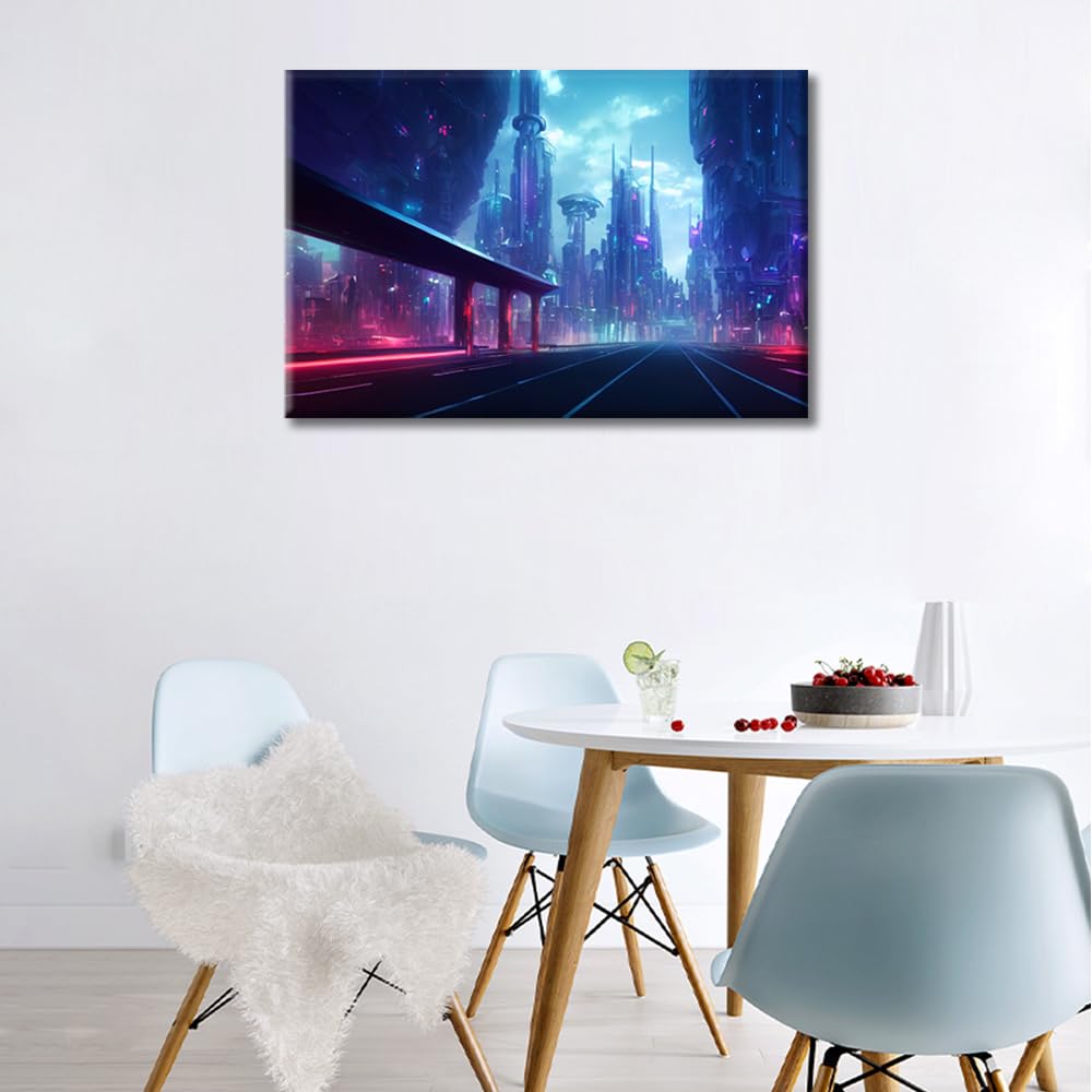 TISHIRON Cyberpunk Style Artwork Wall Art Cyberpunk Neon City Night Pictures Canvas Art Prints 1-panels Futuristic Cyberpunk City Wall Artwork Modern Home Decor Framed Ready to Hang - Image 4