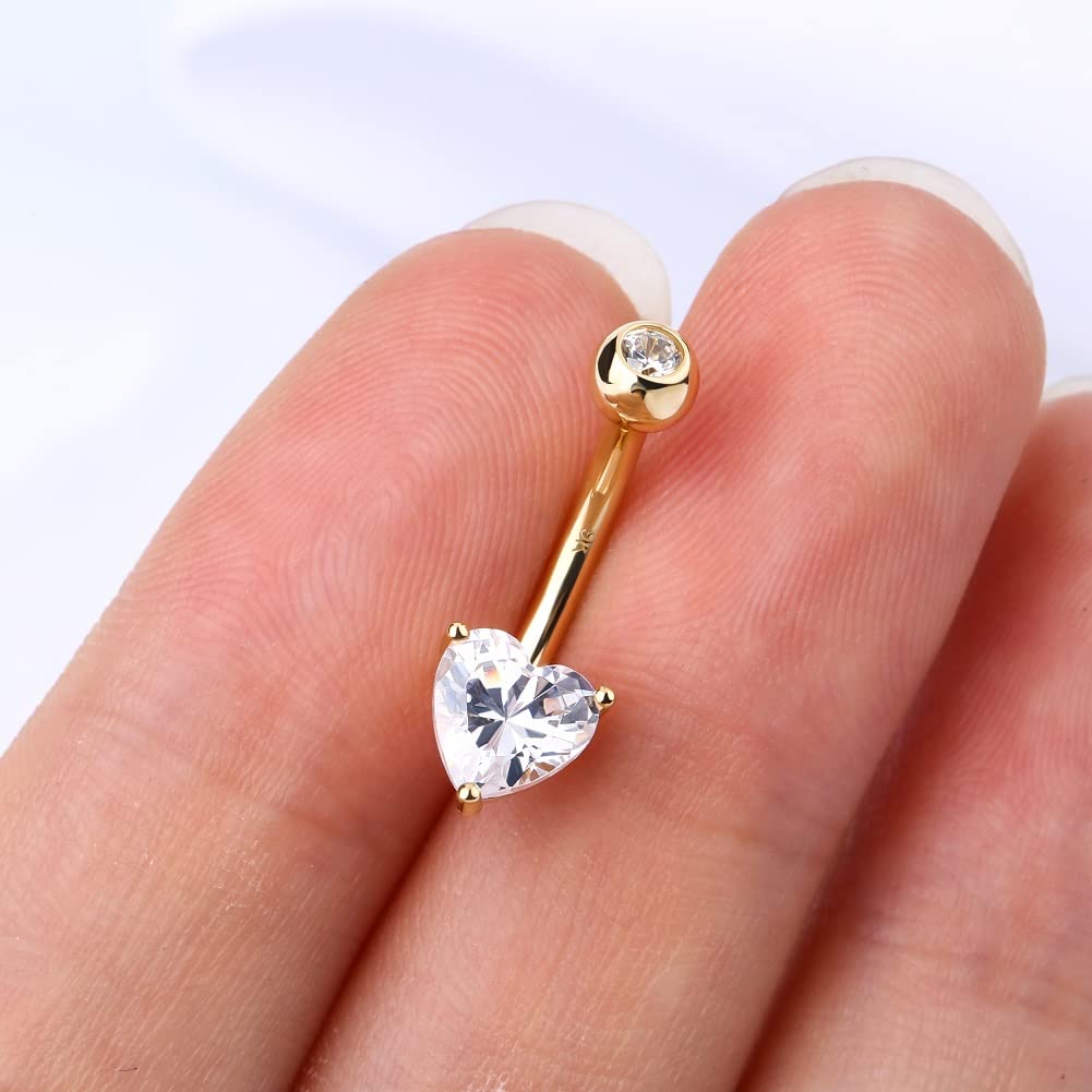 OUFER Carat Gold White Gold Heart Belly Bars Solid Cubic Zircon Belly Button Rings Navel Piercing Jewellery 14 Gauge 1.6mm