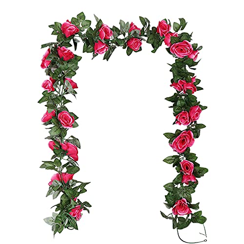 TSHAOUN 2 Pack Artificial Rose Vines Garland Fake Flower Plants Arts Hanging Decoration for Outdoor Indoor Home Kitchen Garden Office Wedding Ceremony Hotel Party 2 x 7.5 FT (Rose Red)