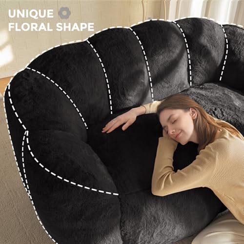 Image of MAXYOYO Bean Bag Chair for Adults, Loveseat Floral Shaped Bean Bag Sofa, Ultra Soft Love Seat Mini Sofa Couch, Faux Fur Reading Chair for Living Room Bedroom, Black