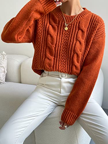 Image of MakeMeChic Women's Cable Knit Sweaters Drop Shoulder Long Sleeve Crew Neck Casual Pullover Tops Rust Brown Large