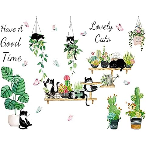 Plant Wall Stickers Green Tropical Potted Plants Wall Decals with Cute Cats Wall Decorations, DIY Art Mural for Bedroom Living Room Decor (B) Cover