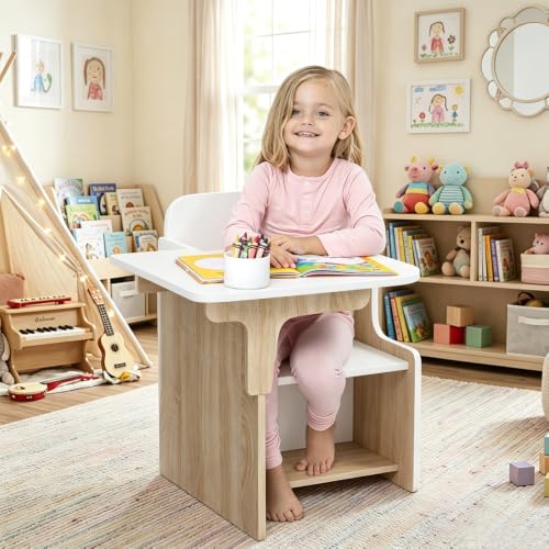 Rainbow Tree 2 in 1 Wooden Children Table with Chair Small Kids Table and Chair Set with Storage for Toys Books Suitable for Kids Children Toddlers Boys Girls (White+Walnut)