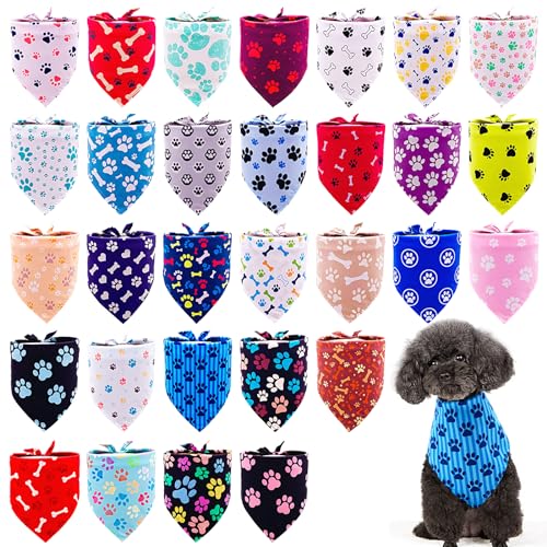 30 Pcs Paw Print Extra Small Dog Bandanas Bulk for Doggies Kittens Rabbits Cat Scarves Daily Party Bone Puppy Triangle Bibs XXSmall Pet Breed Scarf for Girl Boy Handkerchief Reversible