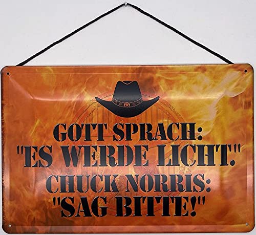 Blechschild Avec cordon 30 x 20 cm - Inscription : Dieu Langue : Es werde Licht - Chuck Norris : Sag Bitte. - Blechemma