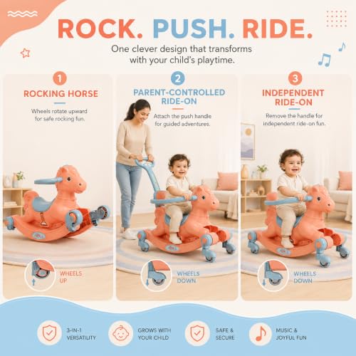 Image of 3 in 1 Baby Horse Rider for Kids 1-5 Years with Parent Handle, Rocking Horse, Ride On Toy, 360 Safety Guard, Music, Swivel Wheels, Backrest, Baby Ride On for Boys & Girls (Orange)