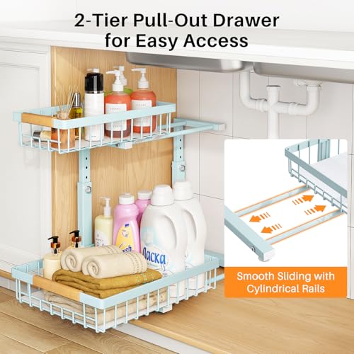 Image of PXRACK Under Sink Organizer, Adjustable Height, 2 Tier Pull Out Under Cabinet Organizer, Slide Out Thickened Metal Under Sink Storage for Kitchen Bathroom Laundry Pantry Cabinet, Blue, Large-1-Pack