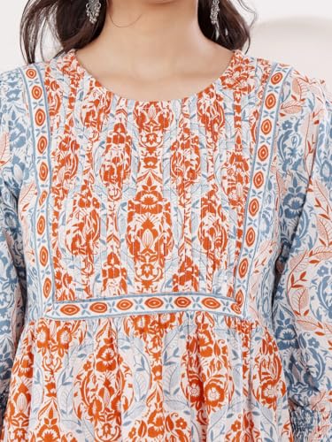 Image of SAVI Women's Cotton Printed Fit & Flare Midi Dress | Floral Ethnic Print | 3 /4 Sleeves | Round Neck | Tiered A-Line Casual Summer Dress