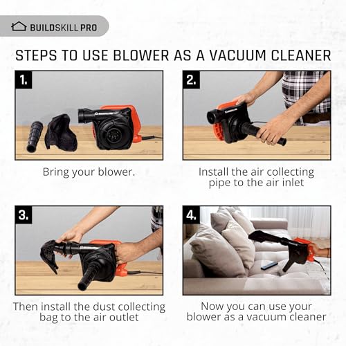 Image of Buildskill Air Blower 850W - Dust Cleaner for Home Cleaning, Efficient & Ergonomic, with Vacuum, Continuous Lock, Variable Speed - Compact & Portable Device for Industrial Tasks, Red (Pack of 2)