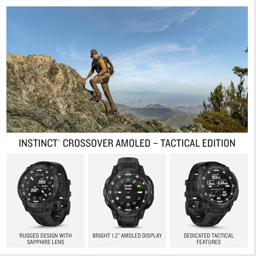 Image of PlayBetter Garmin Instinct Crossover AMOLED Tactical (Black) Outdoor GPS Smartwatch Gift Box Bundle - Analog Display, Built-in Flashlight HD Screen Protectors, Wall Adapter & Case