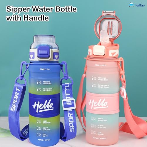 Image of FunBlast Polypropylene 1 Litre Water Bottle - Sports Water Bottles With Time Marker, Gym Outdoor Sipper Bottle With Handle & Adjustable Strap, Leak Proof BPA Free Fitness Water Bottle (Multicolor-B)
