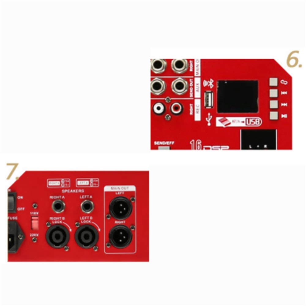 DJ Mixer Power Mixer Verstärker 16 Digital LCD Effektmixer Bluetooth Bandmixer mit Spannung Umwandlung unterstützt USB/SD-Karte 250W 6-K Kompakte Mixkonsole (Farbe: Rot