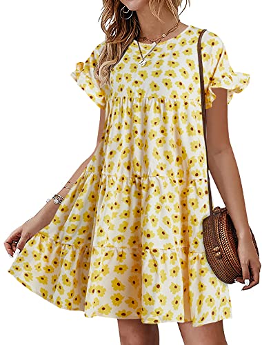 Image of Imysty Womens Boho Floral Ruffle Sleeve Babydoll Loose Flowy Casual Summer Pleated Mini Dress