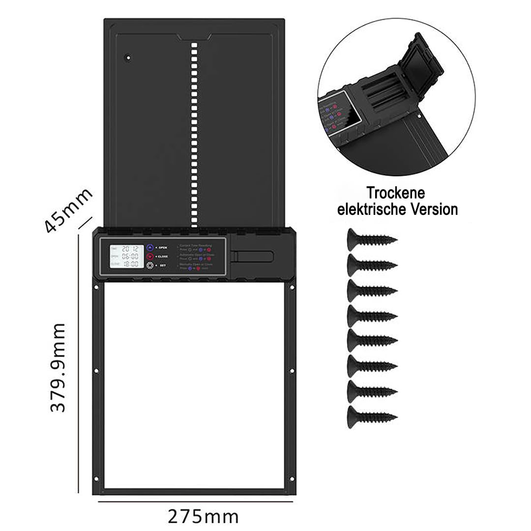 Aka & Lou elektrische Hühnerstalltür mit Zeitschaltuhr und manuell programmierbarem LCD-Bildschirm. Automatische Hühnerklappe mit Batteriebetrieb, groß, robust.